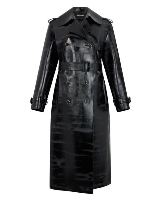 Roberto Cavalli Black Belted Leather Trench Coat