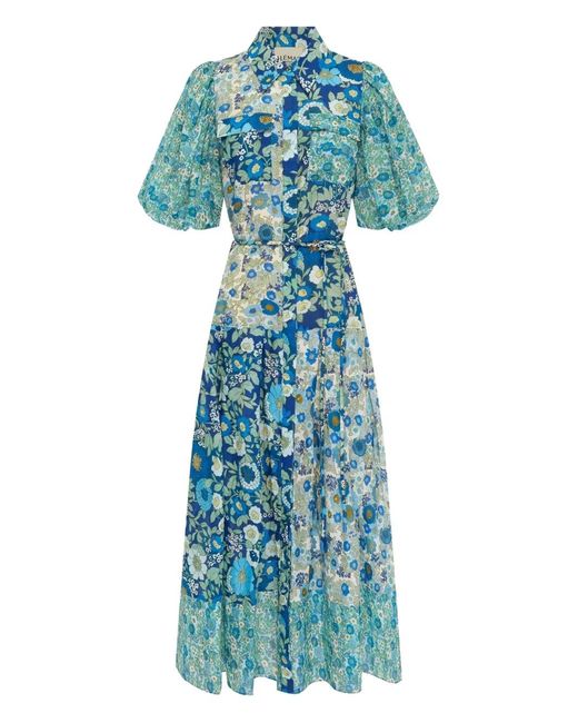 ALÉMAIS Blue Puff-Sleeve Floral Maxi Dress