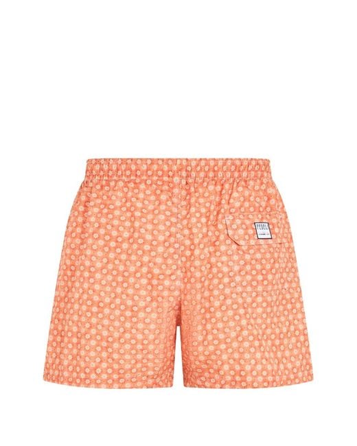 Fedeli Orange Patterned Drawstring Swim Shorts for men