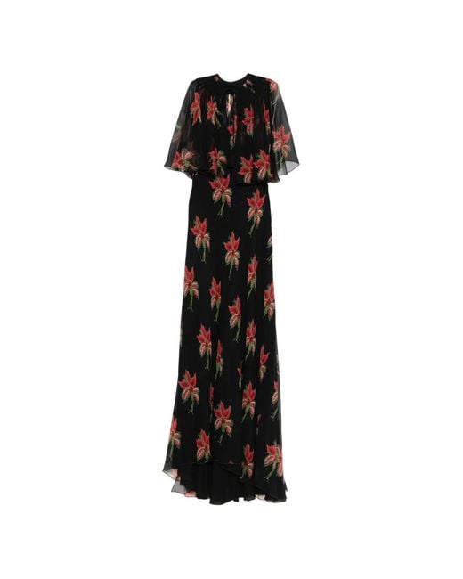 Valentino Garavani Black Floral-Print Cape-Sleeve Dress