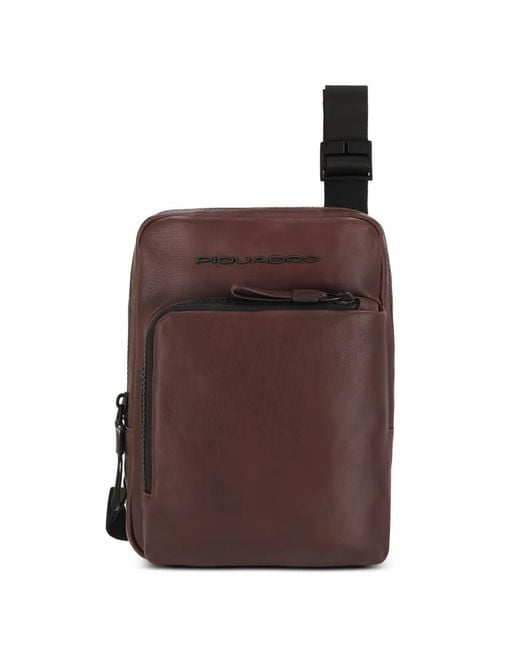 Piquadro Brown Logo-Embossed Leather Messenger Bag