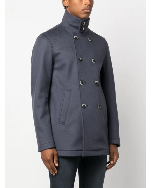 Herno Blue Double-Breasted Wool-Cashmere Coat for men
