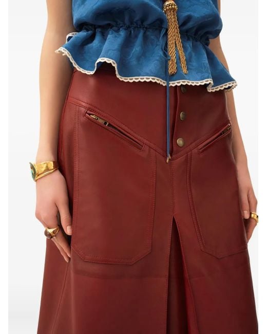 Chloé Red Pocketed Leather Midi Straight Skirt