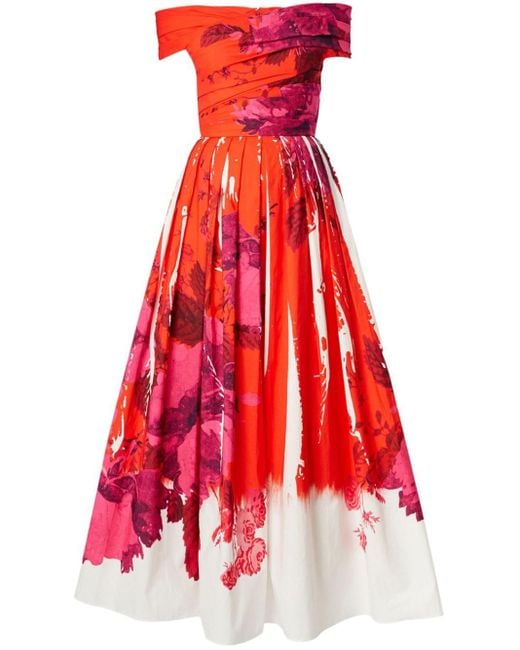 Erdem Red Floral-print Off-shoulder Dress