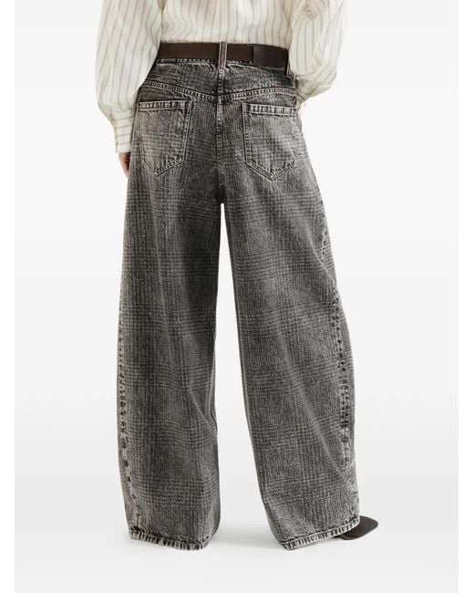 Brunello Cucinelli Gray Prince Of Wales Denim Wide Trousers With Monili