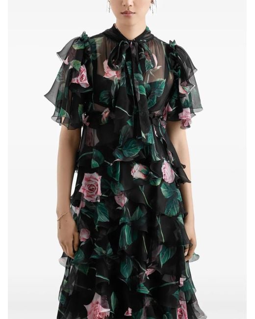 Dolce & Gabbana Black Floral-Print Midi Dress