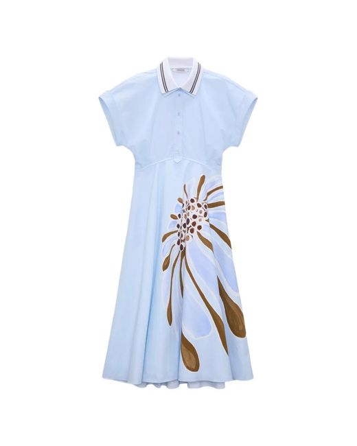 Dorothee Schumacher Blue Floral Power Printed Polo-Collar Dress