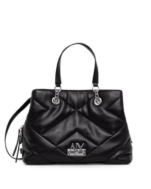 ARMANI EXCHANGE Black Quilted Logo-Plaque Tote Bag