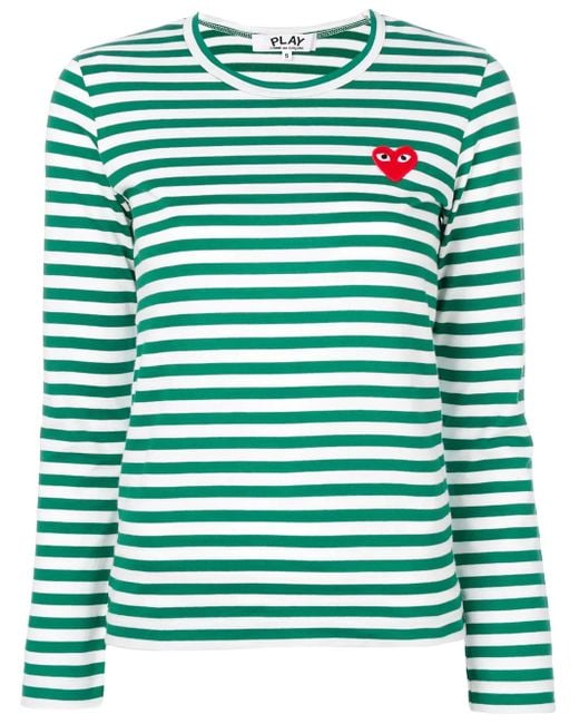 COMME DES GARÇONS PLAY Green Striped Logo-Patch T-Shirt