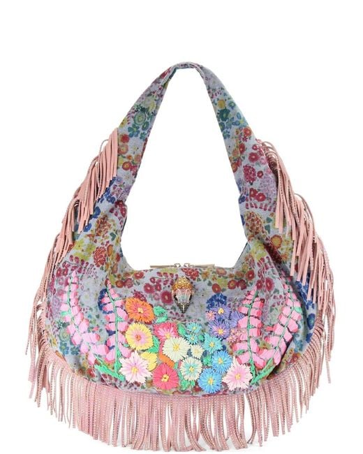Kurt Geiger Blue Large Shoreditch Floral-Print Fringed Shoulder Bag