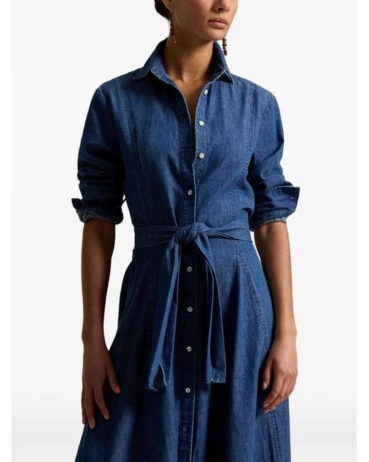 Polo Ralph Lauren Blue Tie-Belt Midi Shirt Dress
