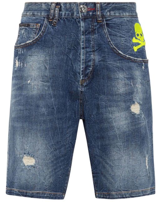 Philipp Plein Jeans-Shorts mit Totenkopf-Stickerei in Blue für Herren