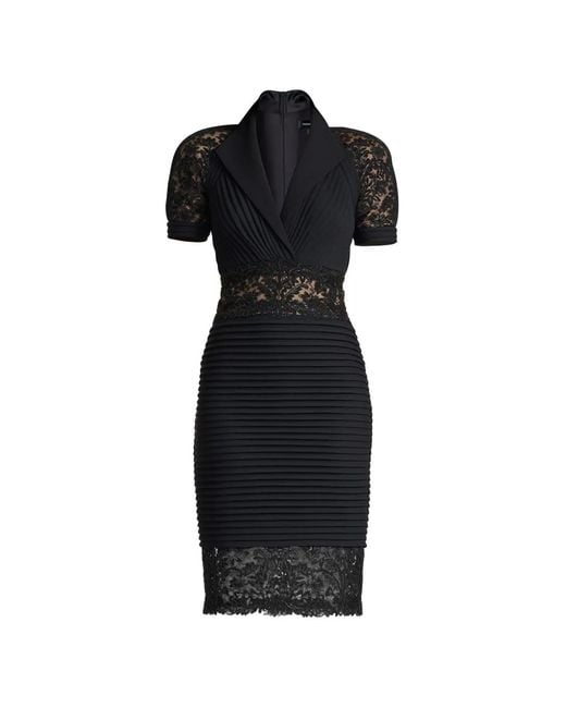 Tadashi Shoji Black Lace-Panelled Pintuck Midi Dress