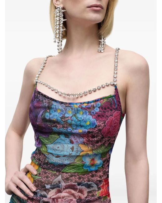 Area Mini-Jurk Verfraaid Met Kristallen En Bloemen in het Blue