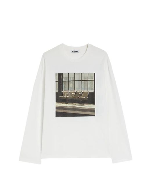 Jil Sander White Long-Sleeve Print Cotton T-Shirt for men