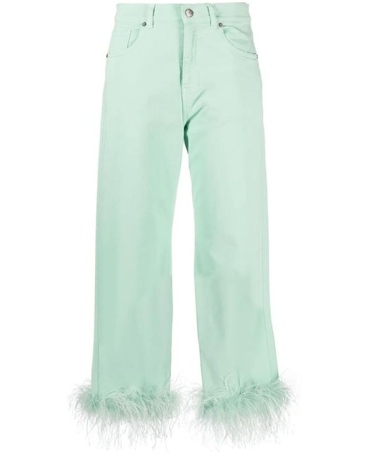 P.A.R.O.S.H. Green Feather-Trim Stretch-Cotton Jeans