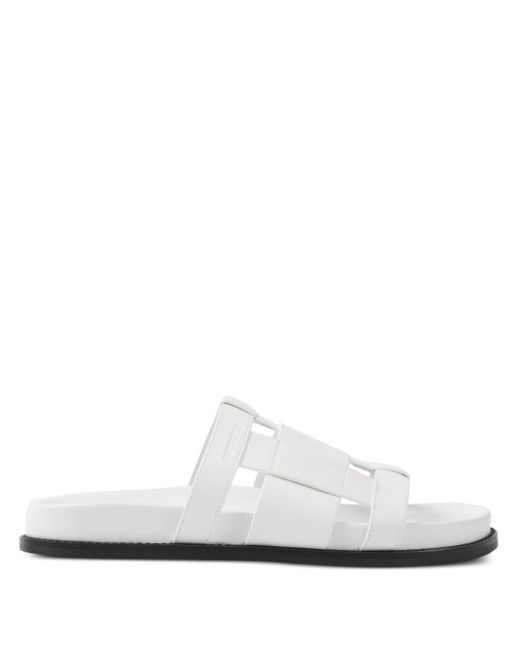 Burberry White Logo-debossed Woven Leather Slides