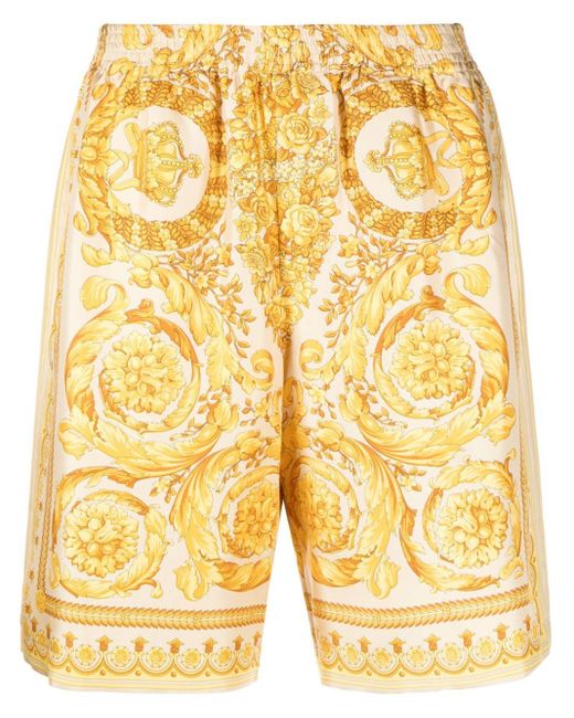 Versace Yellow Barocco Print Silk Shorts for men