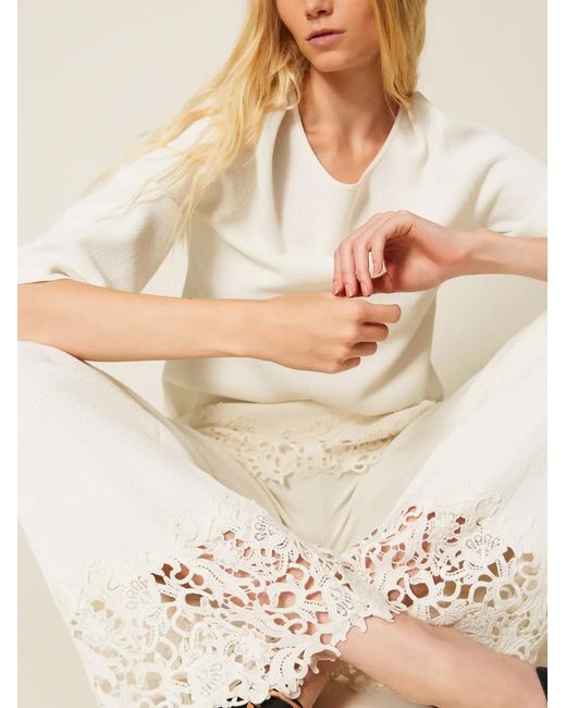 Twinset White Knitted Lace-Panel Trousers