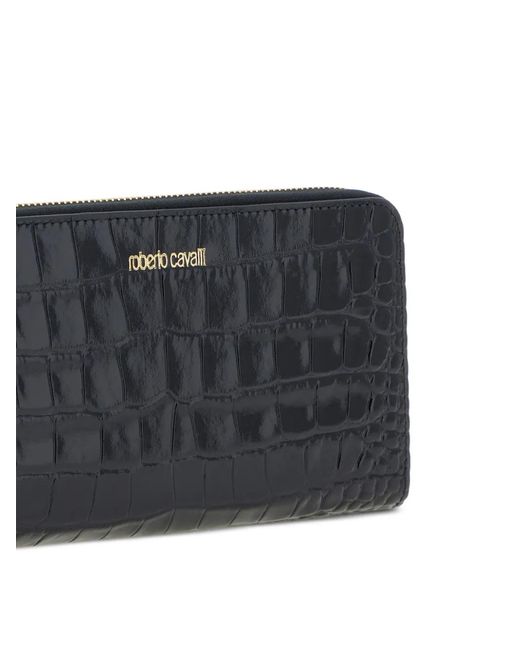 Roberto Cavalli Black Croc-Effect Zip-Around Wallet