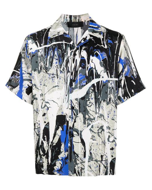 Amiri Silk Paint Splatter Bowling Shirt in Blue for Men - Lyst