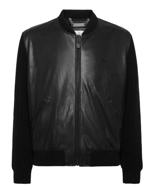 Philipp Plein Black Leather Knitted-Sleeve Jacket for men