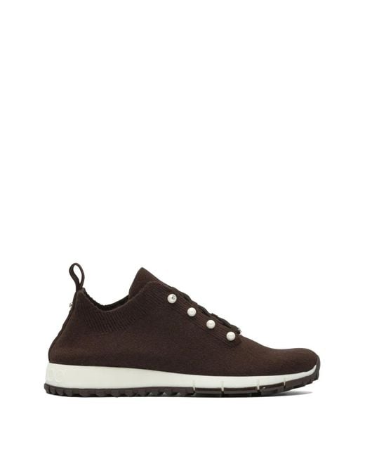 Jimmy Choo Brown Veles Chocolate Cashmere Melange Knit Trainers Pearl Buttons
