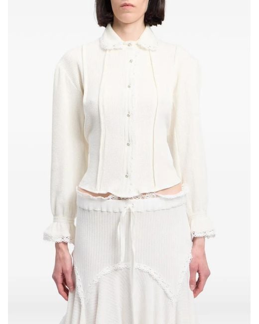 Ann Demeulemeester White Lace-Trim Waffle-Knit Shirt