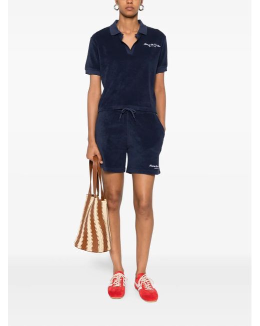 Sporty & Rich Blue Embroidered Cotton Terry Polo Top