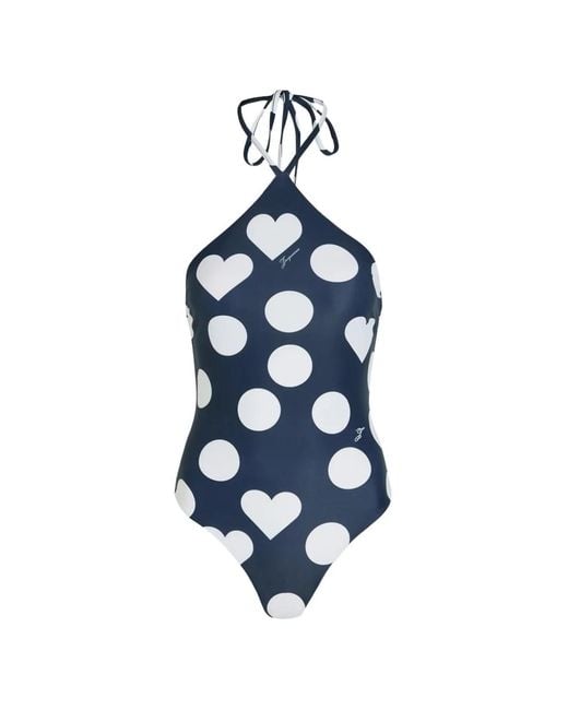 Jacquemus Blue Bastide Heart-Print Polka-Dot Swimsuit