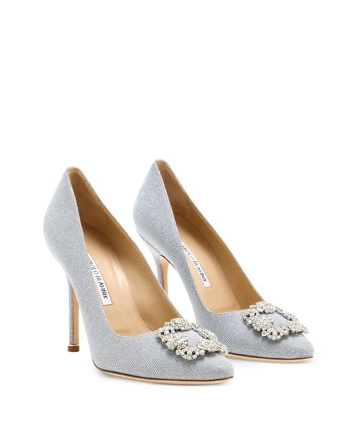Manolo Blahnik White Hangisi Crystal-Buckle Pumps