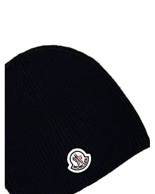 Moncler Blue Logo-Patch Ribbed-Knit Beanie Hat for men
