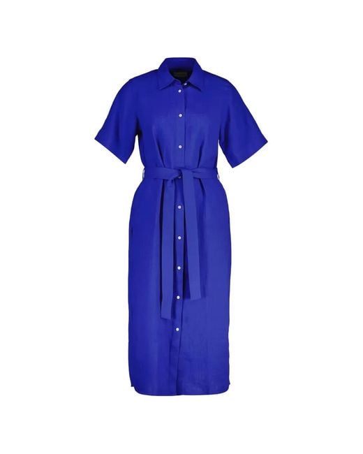 Gant Blue Belted Short-Sleeve Shirt Midi Dress