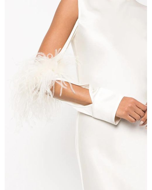 LAPOINTE White Feather-Trimmed Cut-Out Detail Satin Midi Dress