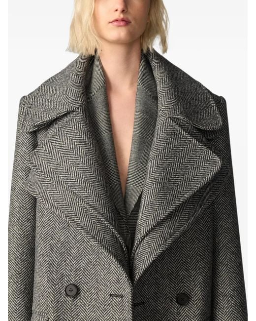 Monse Gray Double-Collar Herringbone Coat
