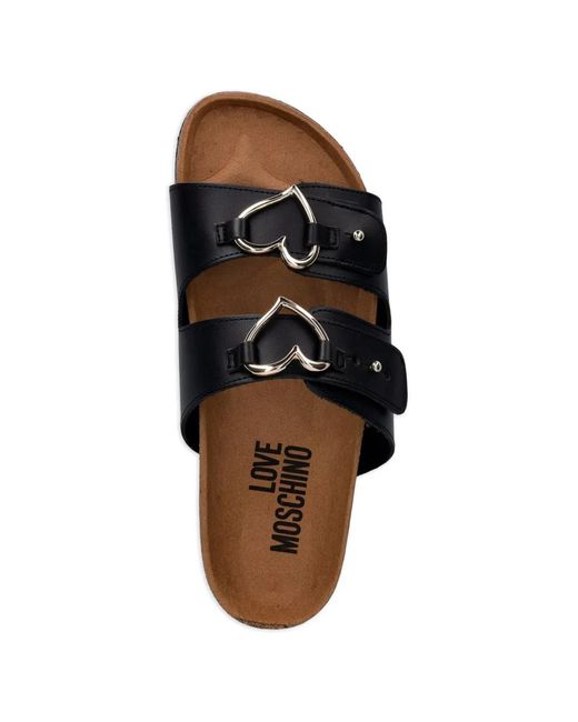 Love Moschino Black Heart-Buckle Leather Slides