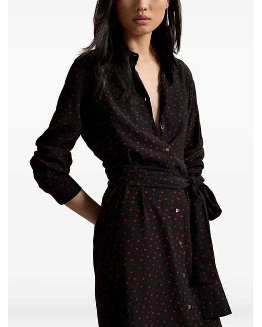 Polo Ralph Lauren Black Polka-Dot-Print Belted Midi Shirt Dress