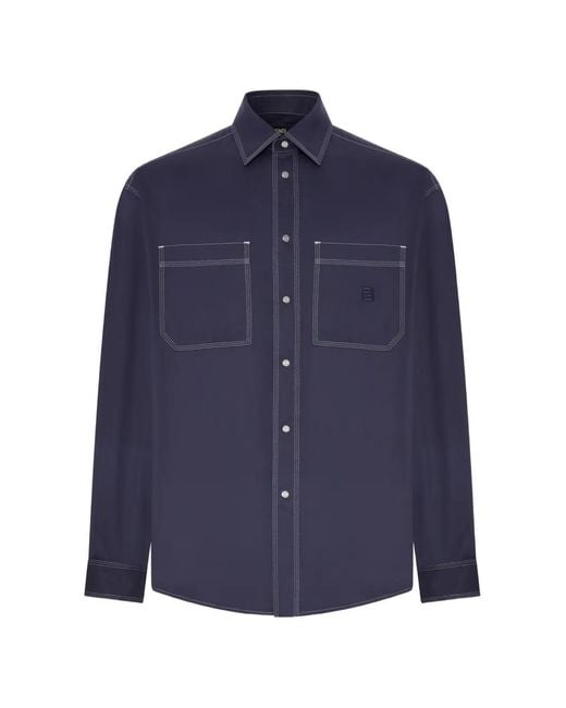 Fendi Blue Contrast-Stitch Logo-Patch Shirt for men
