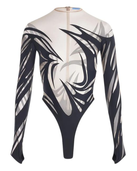 Mugler White Abstract-Print Long-Sleeve Bodysuit