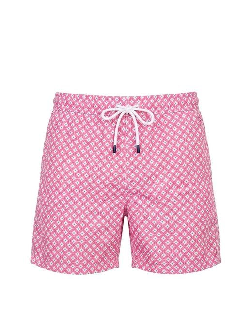 Fedeli Pink Geometric-Print Drawstring Swim Shorts for men