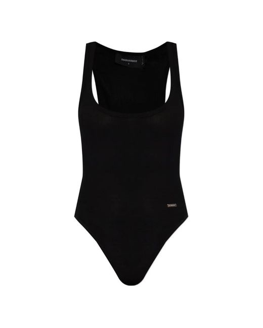 DSquared² Black Ribbed-Knit Logo-Plaque Bodysuit