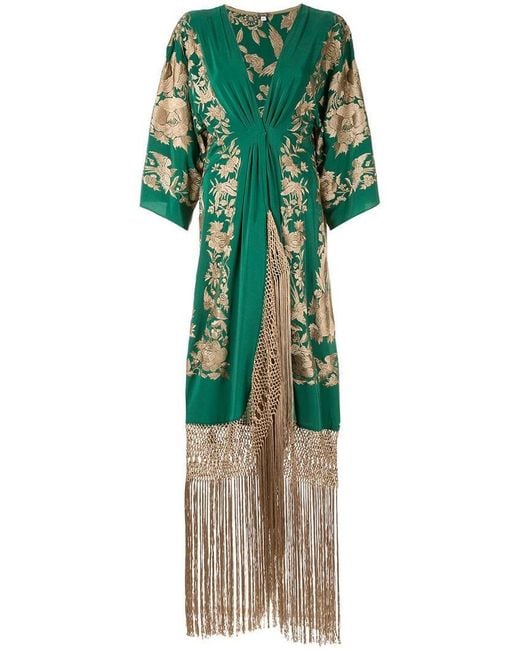 Vestido estilo kimono con diseño bordado y flecos Johanna Ortiz de color Green
