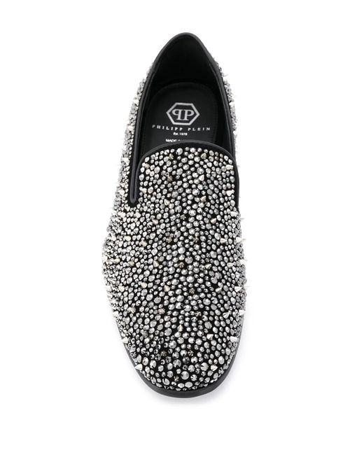 Philipp Plein Gray Rhinestone Studded Loafers for men
