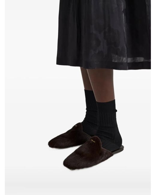 Prada Black Logo-Plaque Hair-Calf Mules