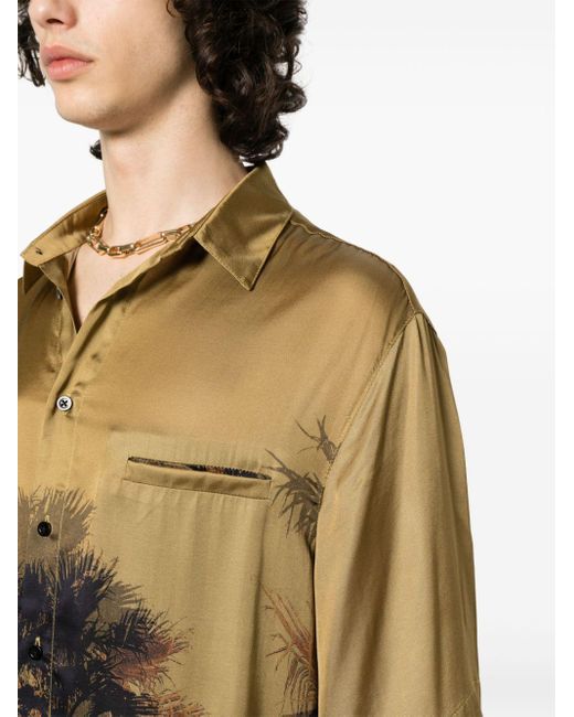 Laneus Natural Palm Tree-print Satin Shirt for men