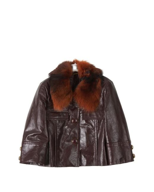 Chloé Brown Fur-Collar Cropped Leather Jacket