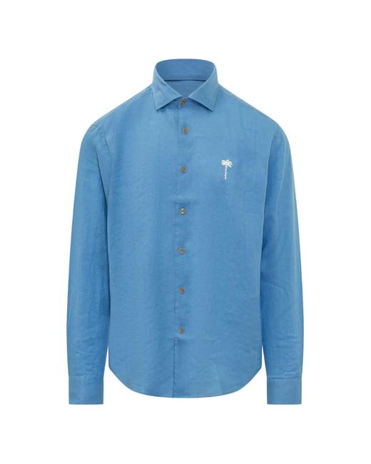 Palm Angels Blue Logo-Embroidered Regular Shirt for men