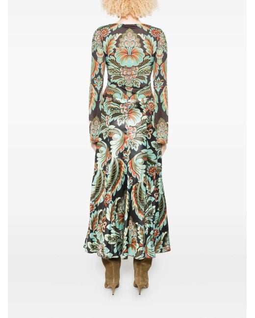 Etro Green Pleated Floral-Print Skirt