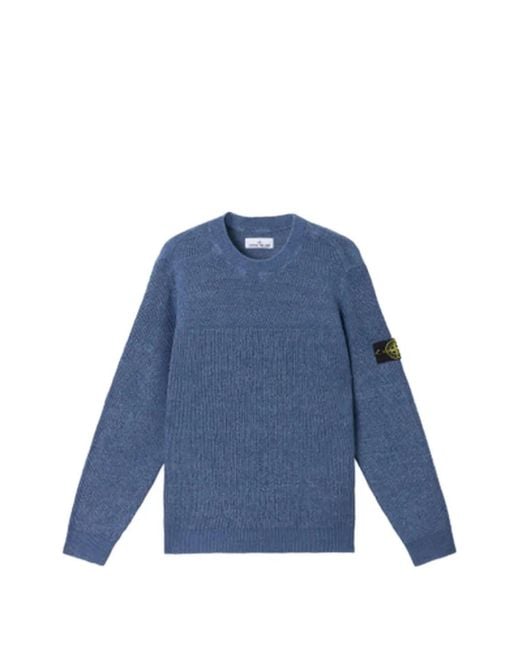 Stone Island Blue Logo-Patch Waffle-Knit Sweater for men