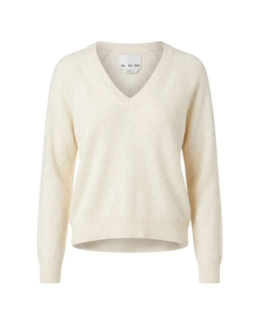 Sa Su Phi White Raglan-Sleeve V-Neck Sweater